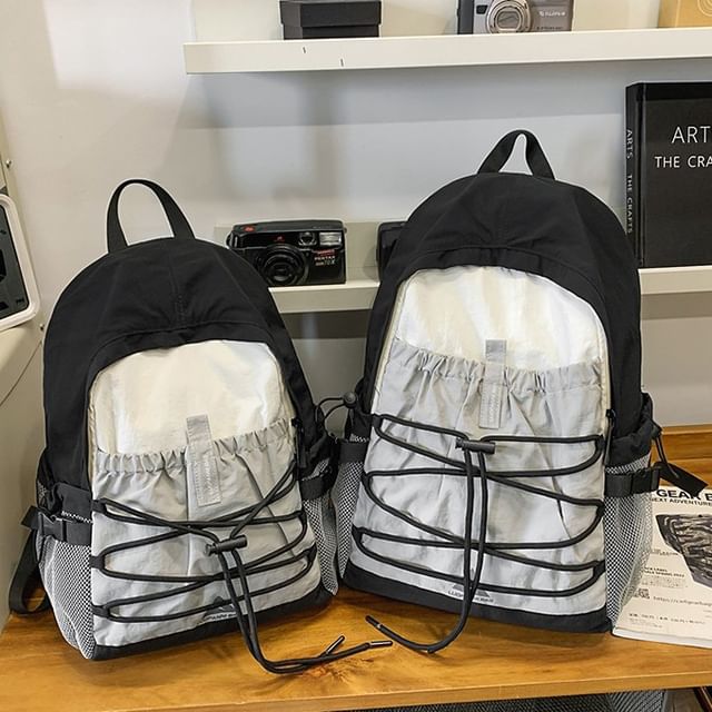 Milha-Color Block Buckled Drawstring Nylon Backpack