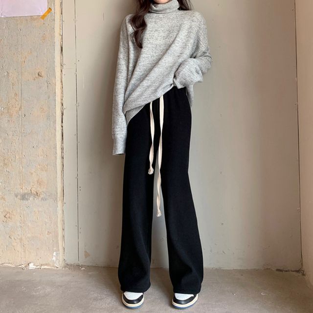 Everose-Mid Rise Plain Drawstring Wide Leg Pants
