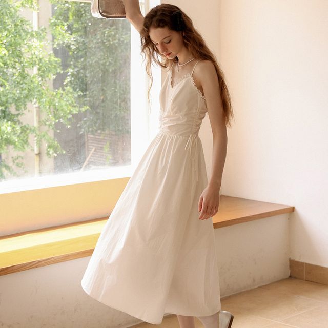 Spaghetti Strap V-Neck Plain Frill Drawstring Midi A-Line Dress Spaghetti Strap V-Neck Plain Frill Drawstring Midi A-Line Dress