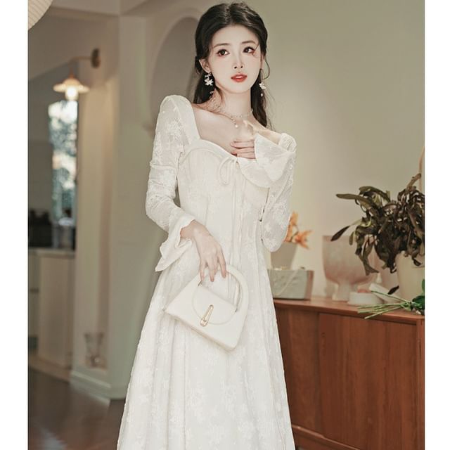 Long-Sleeve Lace Panel Maxi A-Line Dress Long-Sleeve Lace Panel Maxi A-Line Dress
