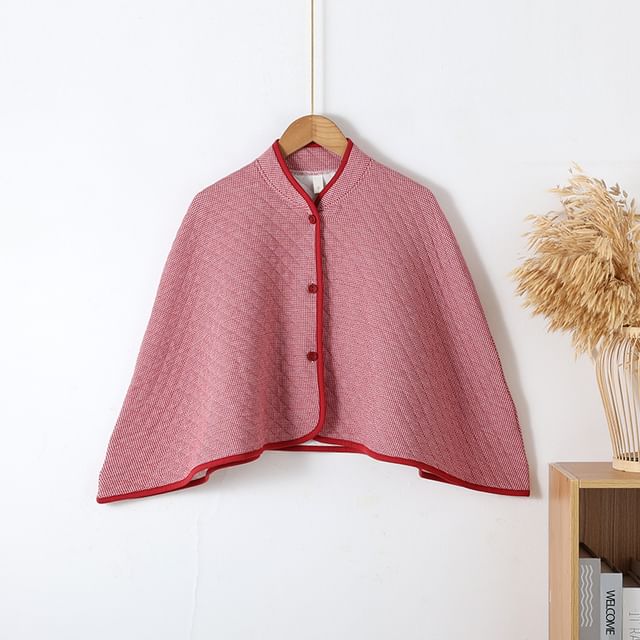 Somnus-Stand Collar Houndstooth Quilted Button Lounge Capelet