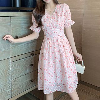 EFO - Short Sleeve V-Neck Heart Print Chiffon Dress | YesStyle