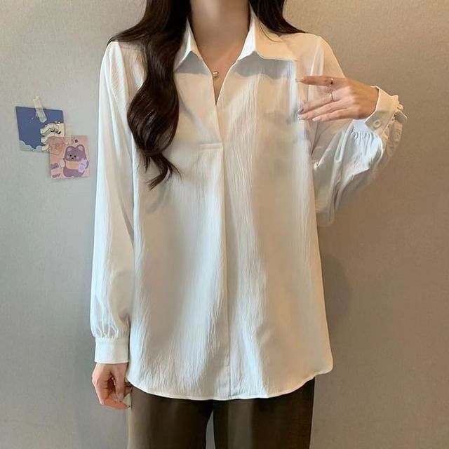 Everose-Long-Sleeve Collared V-Neck Plain Shirt