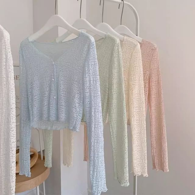 MIKIGA-Long Sleeve V-Neck Button Up Texture Cardigan