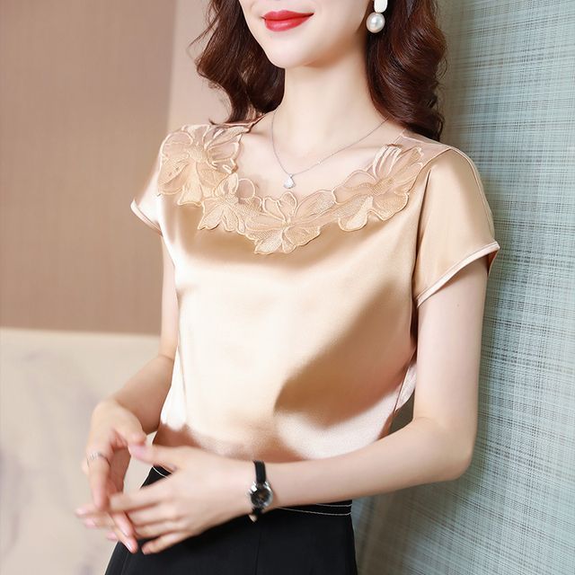 Sienne-Short-Sleeve Mesh Panel Blouse