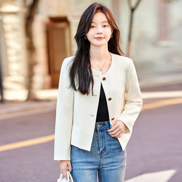 Skyheart-Round Neck Jacquard Button Jacket