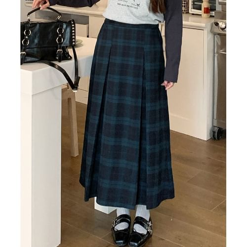 High Waist Plaid Pleated Maxi A Line Skirt