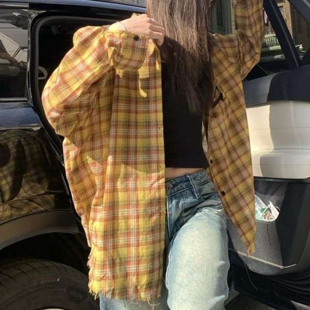 Okalpis-Plaid Button-Up Shirt