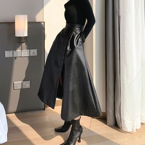 Faux Leather High-Waist A-Line Midi Skirt