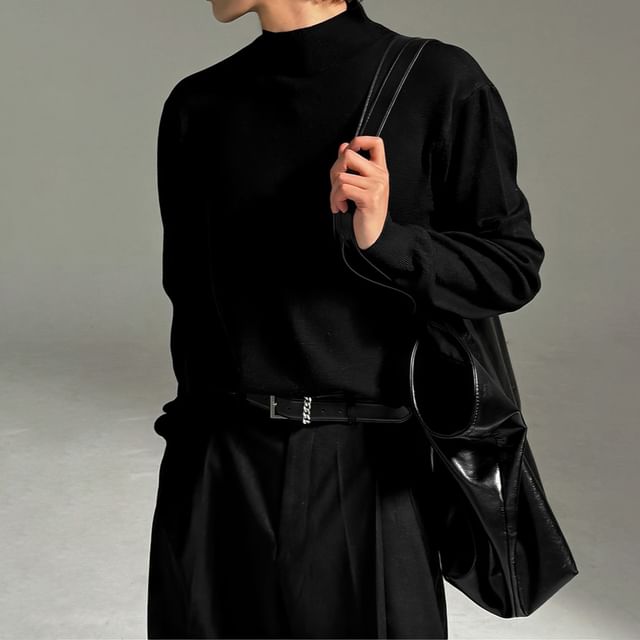 Okwano-Long Sleeve Mock Neck Plain Knit Top