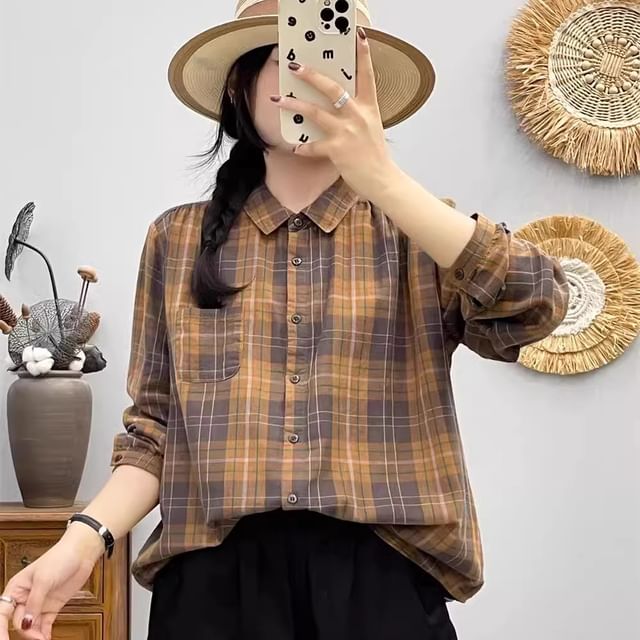 PANDAGO-Plaid Button-Up Shirt