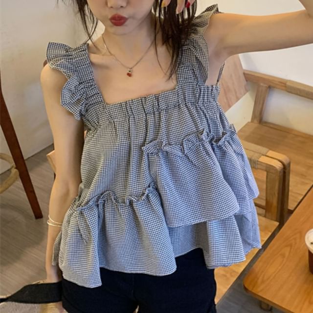 GOUB-Square Neck Plaid Ruffle Flowy Cami Top