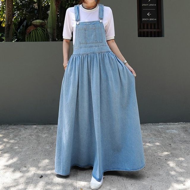 Square Neck Washed Denim Maxi A-Line Dungaree Dress