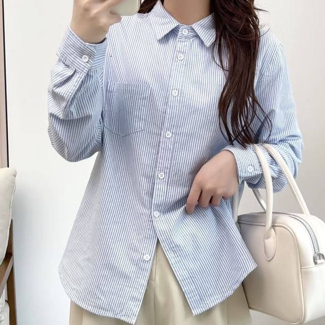 PANDAGO-Long-Sleeve Striped Button-Up Shirt