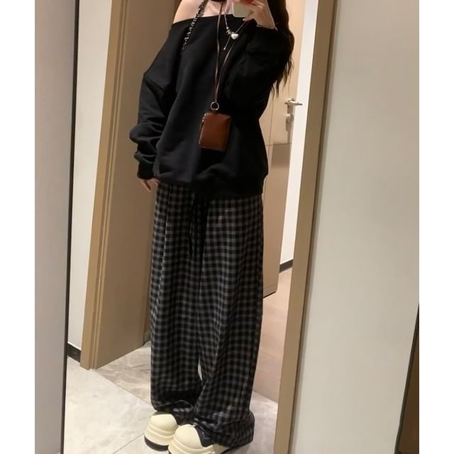 evanesce-High Rise Plaid Baggy Pants