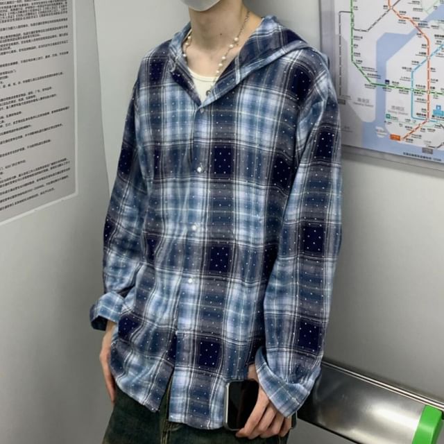 DragonRoad-Button-Up Hooded Plaid Shirt