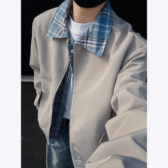 FOEV-Mock Two-Piece Plaid Collar Zip-Up Jacket