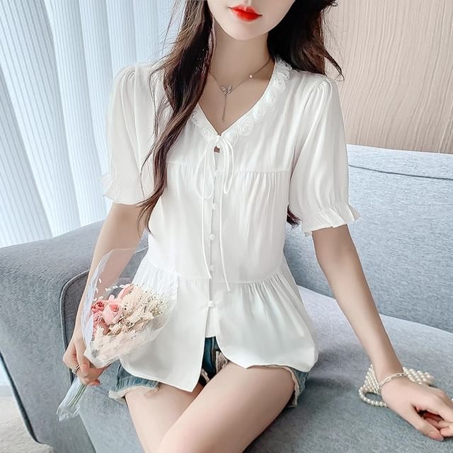 Dragan Pulse-Short-Sleeve V-Neck Button-Up Blouse