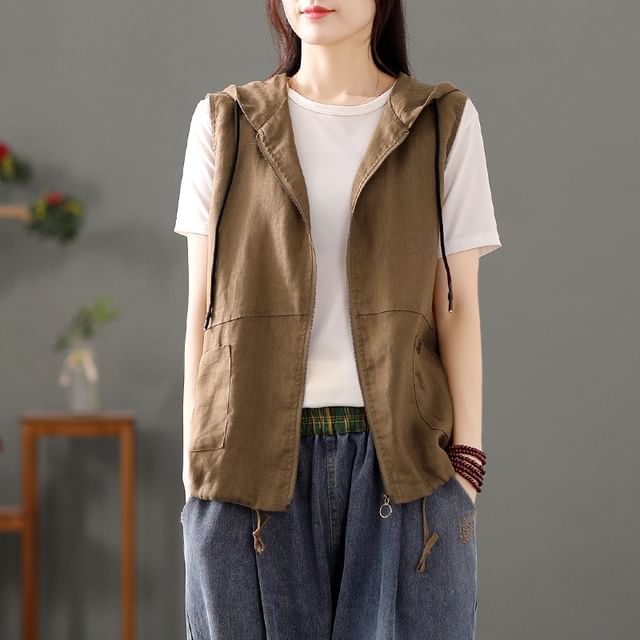 Lewwe-Drawstring Hooded Zip-Up Plain Vest