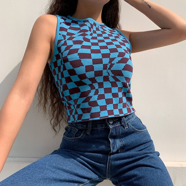 BrickBlack - Psychedelic Check Print Knitted Crop Top
