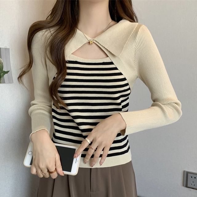 Sisyphi-Collar Striped Cutout Sweater