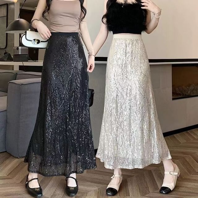 Everose-High Rise Sequined Midi A-Line Skirt