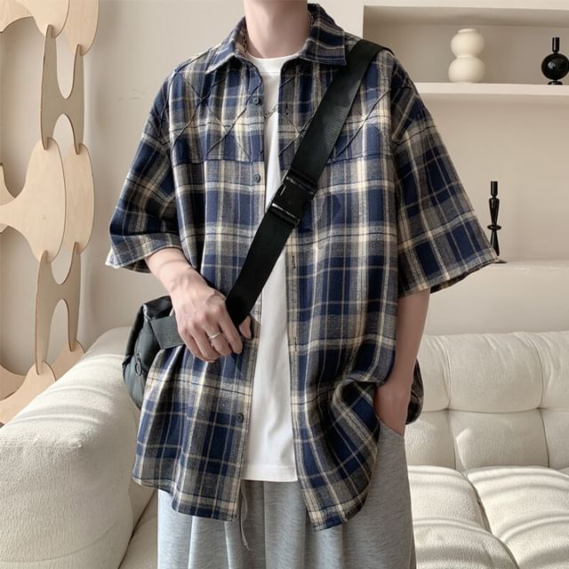 Obikan-Short Sleeve Collared Plaid Panel Shirt