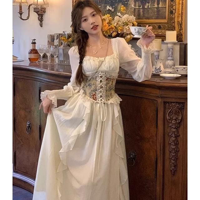 Lace White Dress With Corset Belt Victorian White Dress Elegant