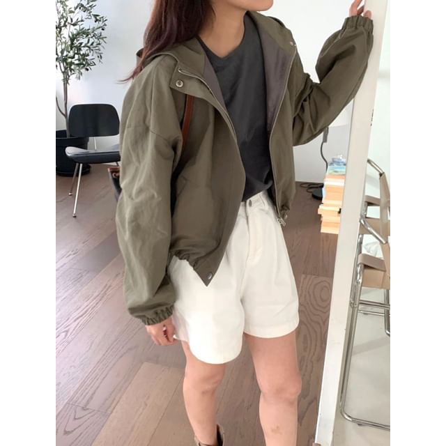 SeoulPop-Plain Zip Hooded Jacket