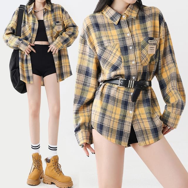 Amyway-Long-Sleeve Plaid Button-Up Shirt