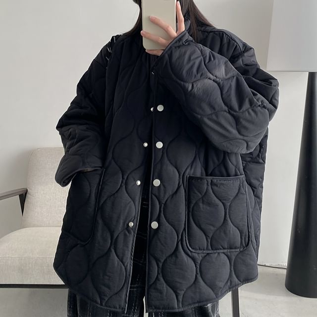 Cossita-Plain Button Quilted Puffer Jacket