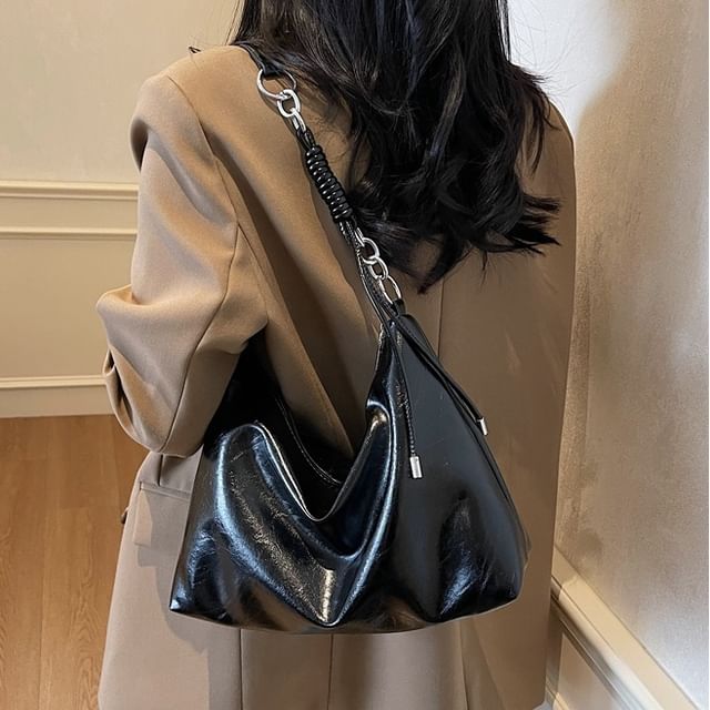 Skyglow-Faux Leather Plain Shoulder Bag