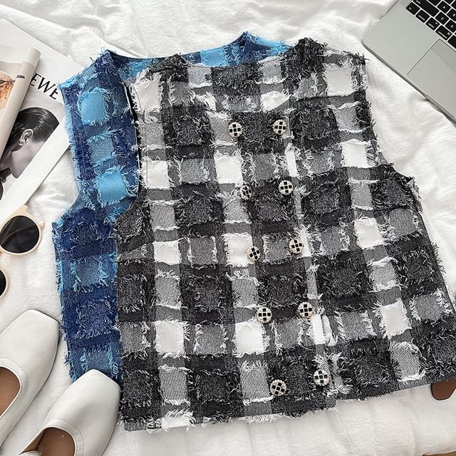 DIYI-Round Neck Plaid Double Breasted Vest