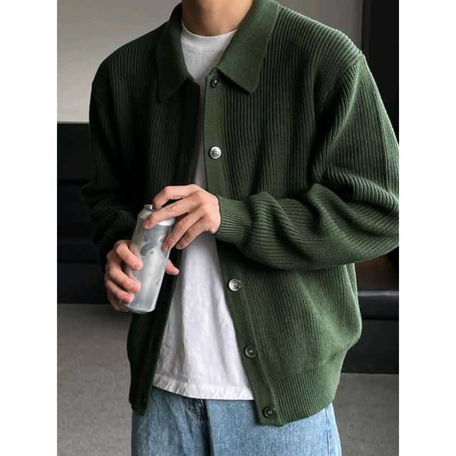 Femilina-Collar Plain Ribbed Cardigan