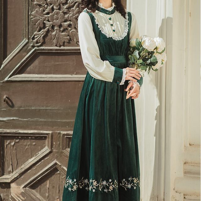 Nebbia - Long-Sleeve Mock Two-Piece Flower Embroidered Midi Dress | YesStyle Nebbia - Long-Sleeve Mock Two-Piece Flower Embroidered Midi Dress | YesStyle