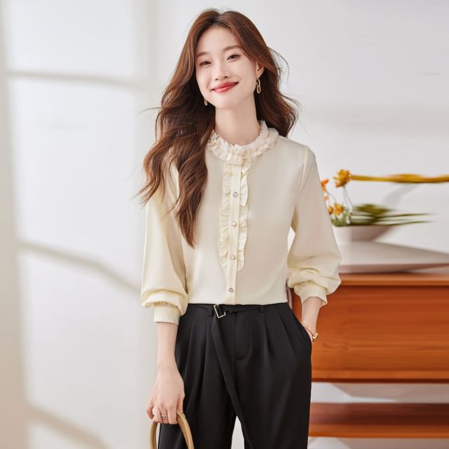 Skyheart-Long Sleeve Round Neck Plain Ruffle Blouse