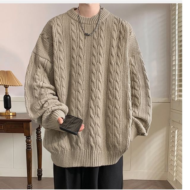Bay Go Mall-Crew Neck Plain Cable Knit Sweater