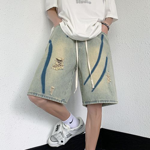 Jeans shorts for men with waist drawstring