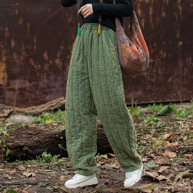 Lewwe-Elastic Waist Plain Ramie Baggy Pants
