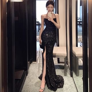 BOHEME Spaghetti Strap Glitter Trained Maxi Sheath Dress Sale