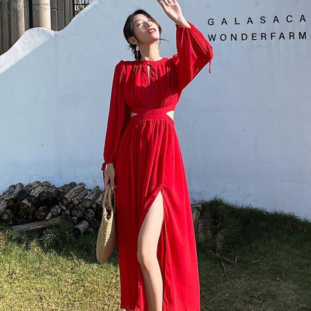 Yuxi - Long-Sleeve Cut Out Midi Dress | YesStyle