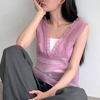 FROMBEGINNING Frilled Sheer Vest Blouse Sale