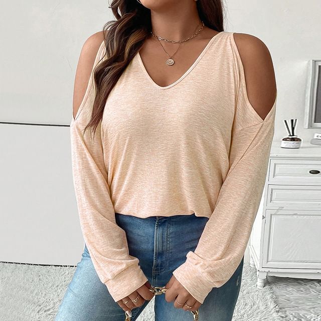 PlusPretty-Long-Sleeve V-Neck Cold Shoulder Plain Tee