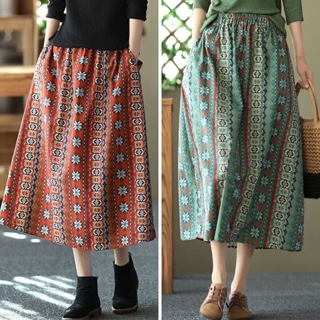 Supernova Elastic Waist Patterned Print Midi A-Line Skirt YesStyle