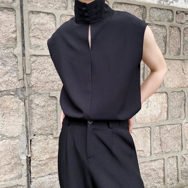 Freehop-Sleeveless Plain Frog Button Cutout Shirt