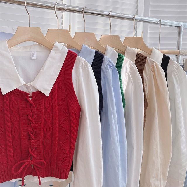 DIYI - Set: Long-Sleeve Shirt + Plain Knit Vest