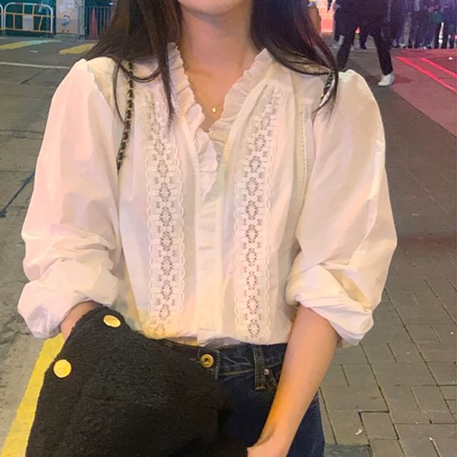 ISSOL-Long-Sleeve V-Neck Plain Lace Panel Blouse