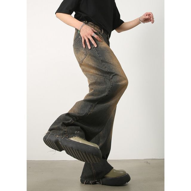 pinkdropper-Mid Rise Washed Wide Leg Jeans