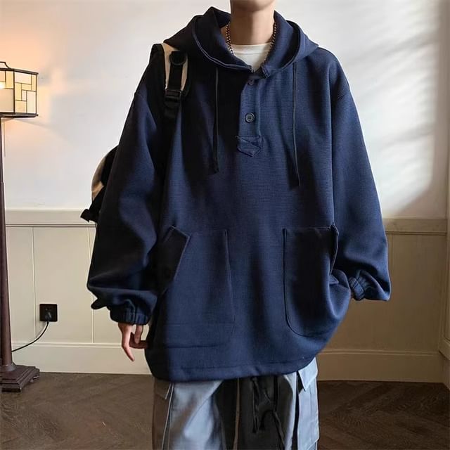emeisa-Drawstring Plain Henley Waffle Hoodie
