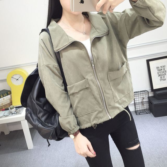 Everose-Stand Collar Plain Drawstring Zip Jacket